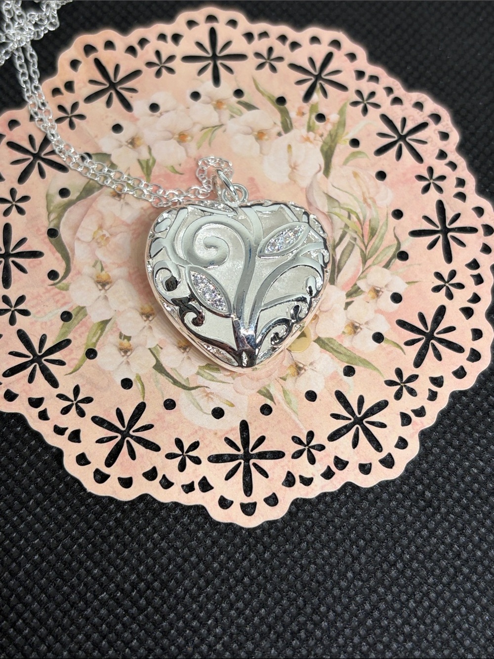 925 Sterling Silver Romantic Filigree 3D Heart Pendant Necklace 26” CZ
